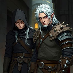 A detailed illustration of a half-elf witcher and a half-elf assassin standing together