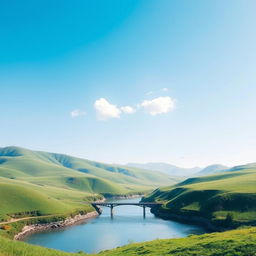 A serene landscape featuring a clear blue sky, rolling green hills, and a calm river flowing through the center