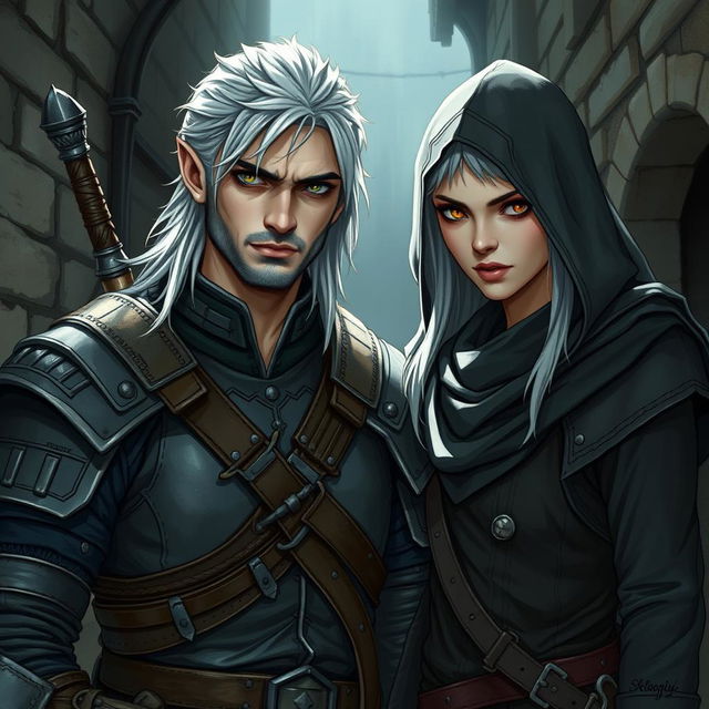 A detailed illustration of a half-elf witcher and a half-elf assassin standing together