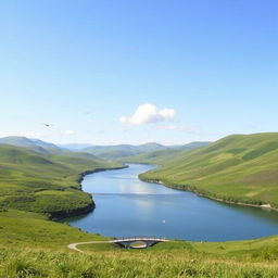 A serene landscape featuring a clear blue sky, rolling green hills, and a calm river flowing through the center