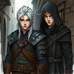 A detailed illustration of a half-elf witcher and a half-elf assassin standing together