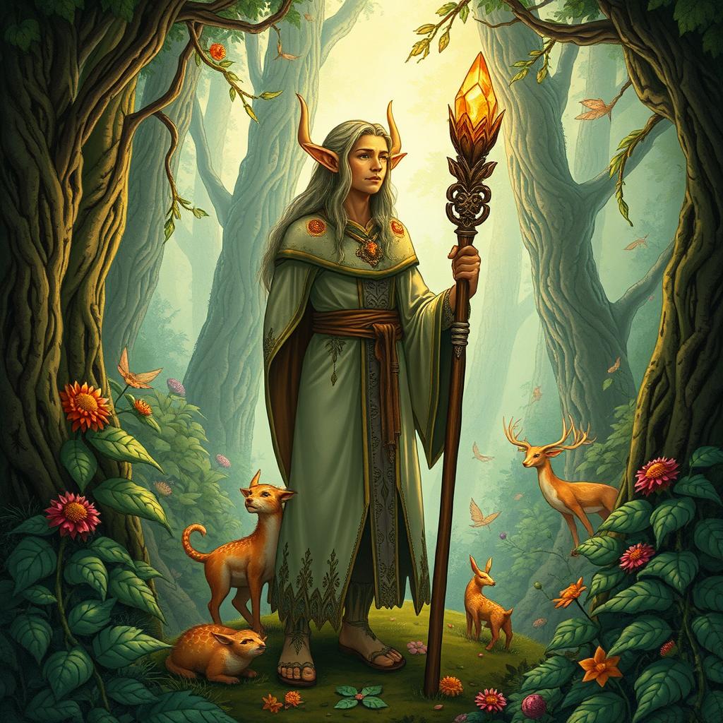 A detailed illustration of a druid elf standing in a lush forest, surrounded by mystical plants and animals