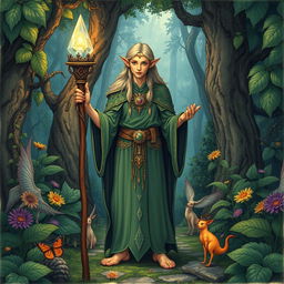 A detailed illustration of a druid elf standing in a lush forest, surrounded by mystical plants and animals