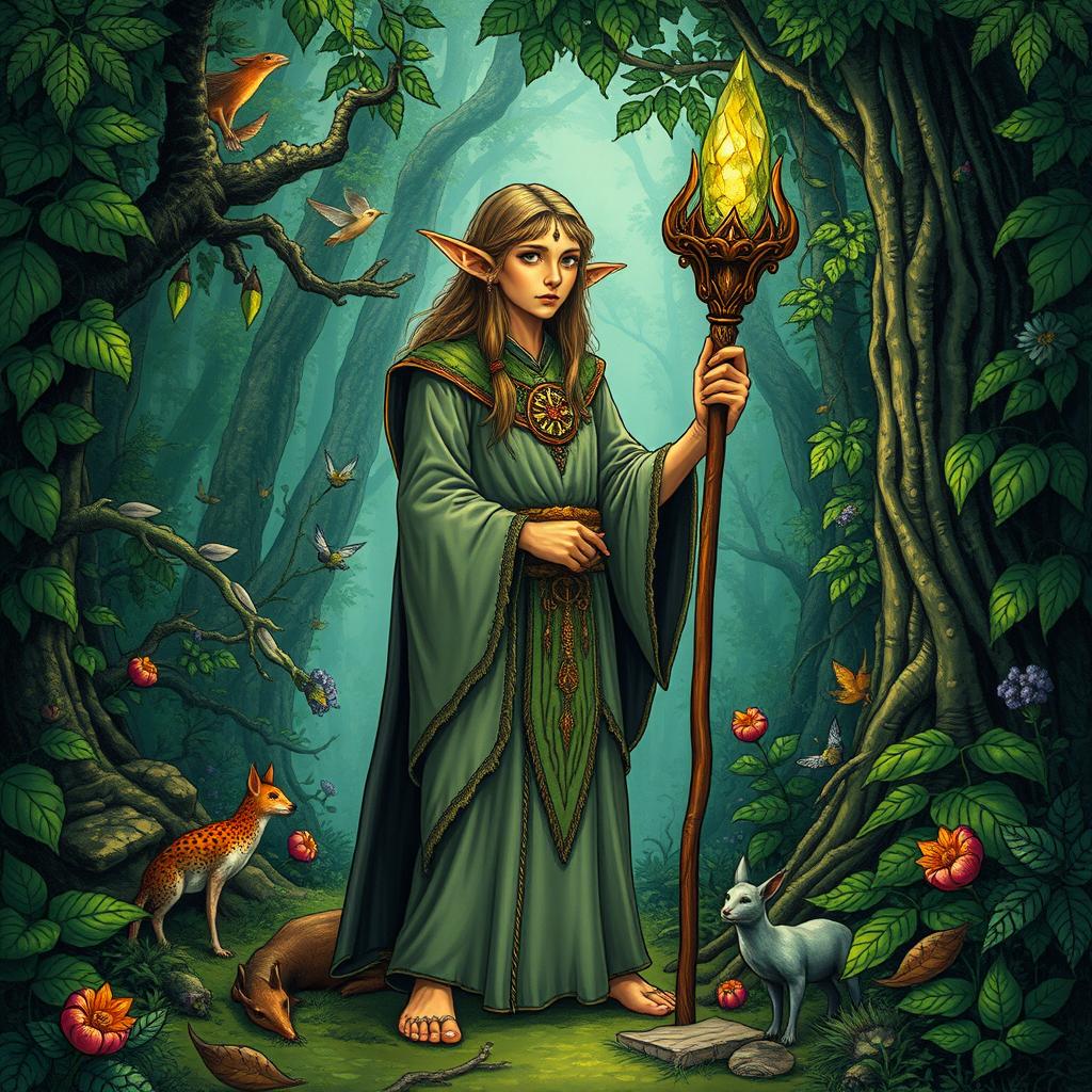 A detailed illustration of a druid elf standing in a lush forest, surrounded by mystical plants and animals