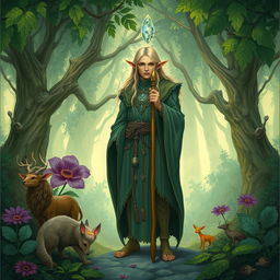 A detailed illustration of a druid elf standing in a lush forest, surrounded by mystical plants and animals