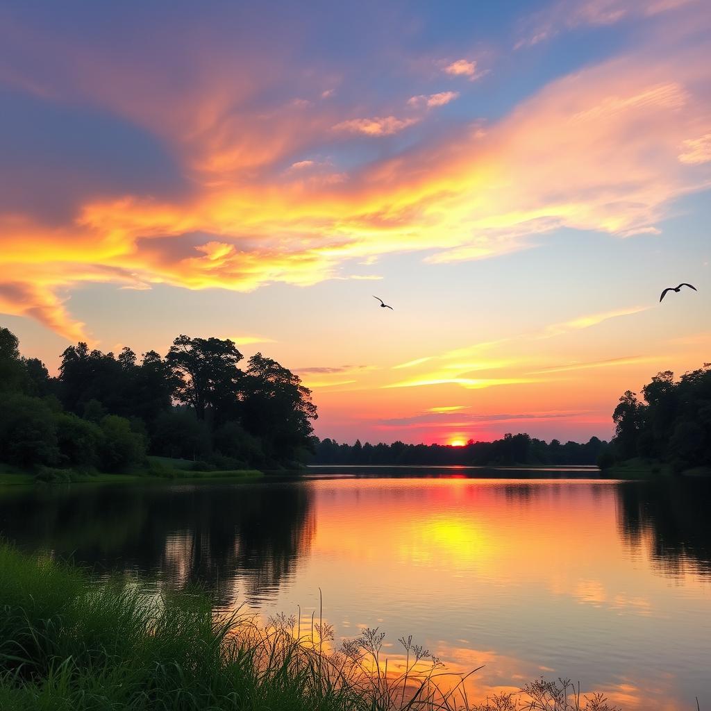 A serene landscape featuring a beautiful sunset over a calm lake surrounded by lush greenery and tall trees