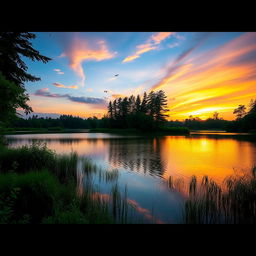 A serene landscape featuring a beautiful sunset over a calm lake surrounded by lush greenery and tall trees