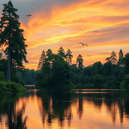 A serene landscape featuring a beautiful sunset over a calm lake surrounded by lush greenery and tall trees