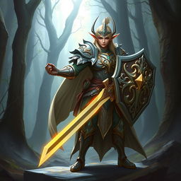 A majestic elf paladin standing in a heroic pose, adorned in shining armor with intricate designs, wielding a glowing sword and shield