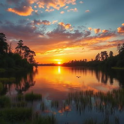 A serene landscape featuring a beautiful sunset over a calm lake surrounded by lush greenery and tall trees