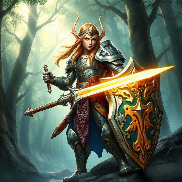 A majestic elf paladin standing in a heroic pose, adorned in shining armor with intricate designs, wielding a glowing sword and shield