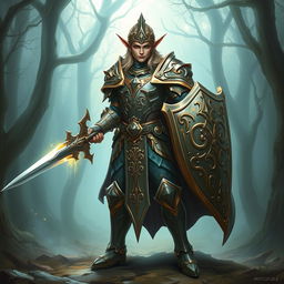 A majestic elf paladin standing in a heroic pose, adorned in shining armor with intricate designs, wielding a glowing sword and shield