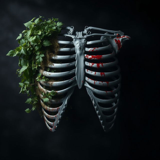 A dark, atmospheric image featuring silver ribs in the middle