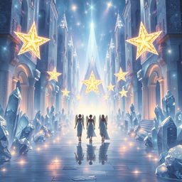 Create an image depicting stars as light beings and majestic angels walking in a beautiful crystal city