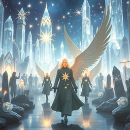 Create an image depicting stars as light beings and majestic angels walking in a beautiful crystal city