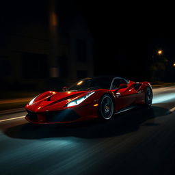 A Ferrari speeding down a dark road, illuminated only by streetlights