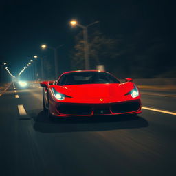 A Ferrari speeding down a dark road, illuminated only by streetlights