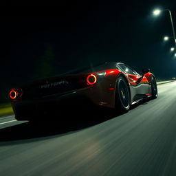 A Ferrari speeding down a dark road, illuminated only by streetlights