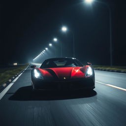 A Ferrari speeding down a dark road, illuminated only by streetlights