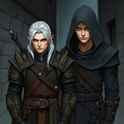 A detailed illustration of a half-elf witcher and a half-elf assassin standing together