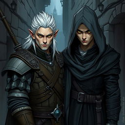 A detailed illustration of a half-elf witcher and a half-elf assassin standing together