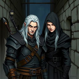 A detailed illustration of a half-elf witcher and a half-elf assassin standing together