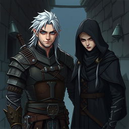 A detailed illustration of a half-elf witcher and a half-elf assassin standing together