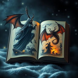 Portada de un libro con imágenes de brujas, demonios y dragones, todos envueltos en un ambiente de misterio