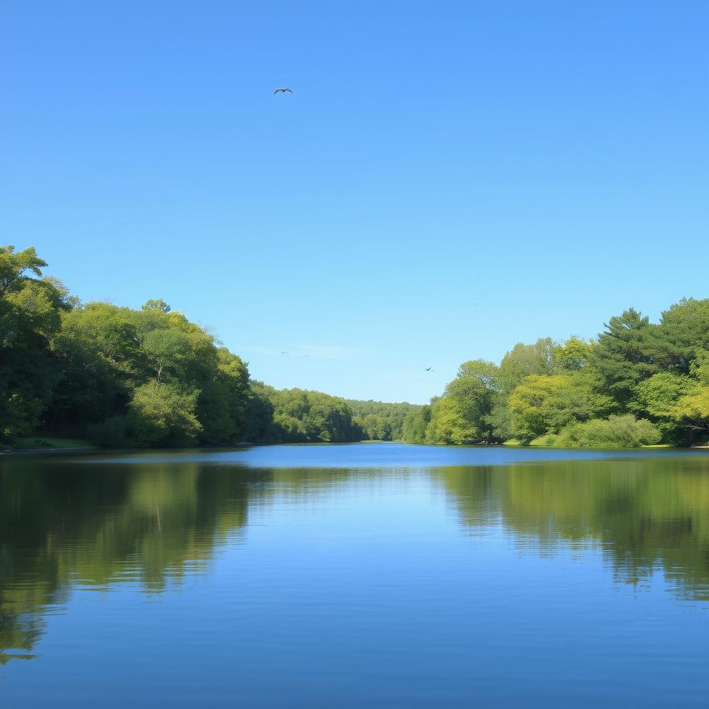 A serene landscape featuring a clear blue sky, a calm lake surrounded by lush green trees, and a few birds flying in the distance