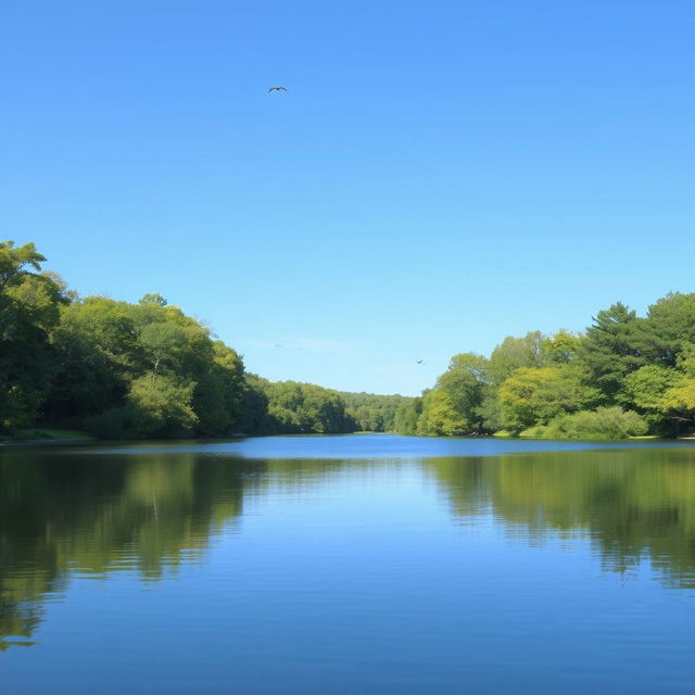 A serene landscape featuring a clear blue sky, a calm lake surrounded by lush green trees, and a few birds flying in the distance