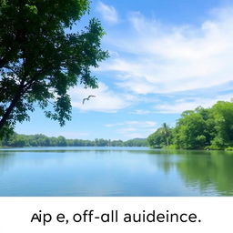 A serene landscape featuring a clear blue sky, a calm lake surrounded by lush green trees, and a few birds flying in the distance