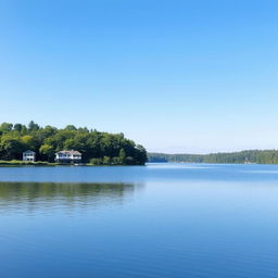 A serene landscape featuring a clear blue sky, a calm lake surrounded by lush green trees, and a few birds flying in the distance