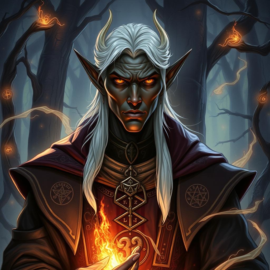 A detailed illustration of a dark elf sorcerer