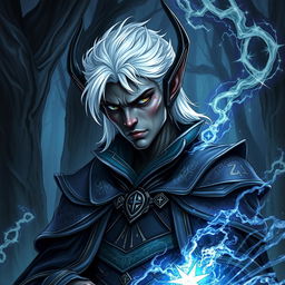 A detailed illustration of a dark elf sorcerer