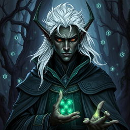 A detailed illustration of a dark elf sorcerer