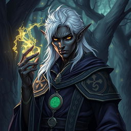 A detailed illustration of a dark elf sorcerer