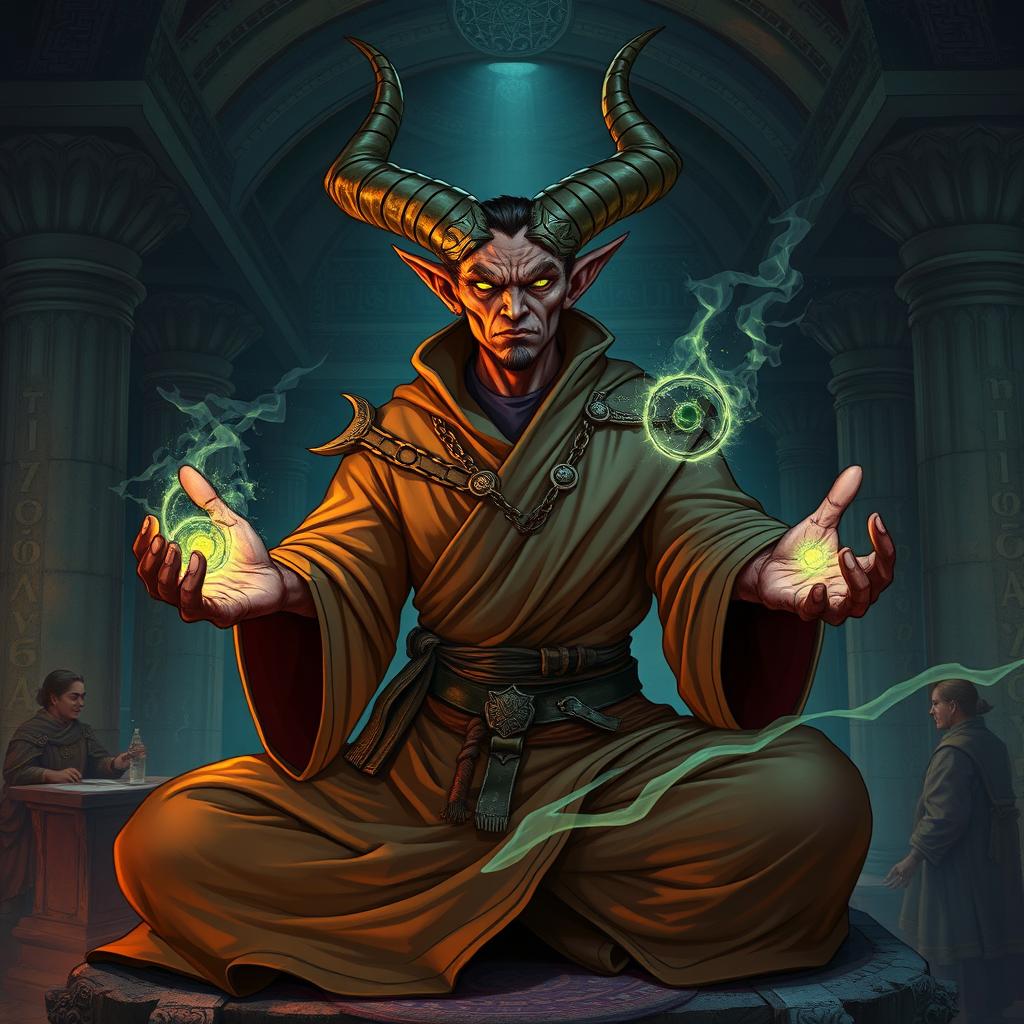 A detailed illustration of a half demon monk sorcerer