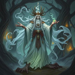 A detailed illustration of a ghost shaman, ethereal and otherworldly