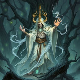 A detailed illustration of a ghost shaman, ethereal and otherworldly