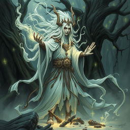 A detailed illustration of a ghost shaman, ethereal and otherworldly