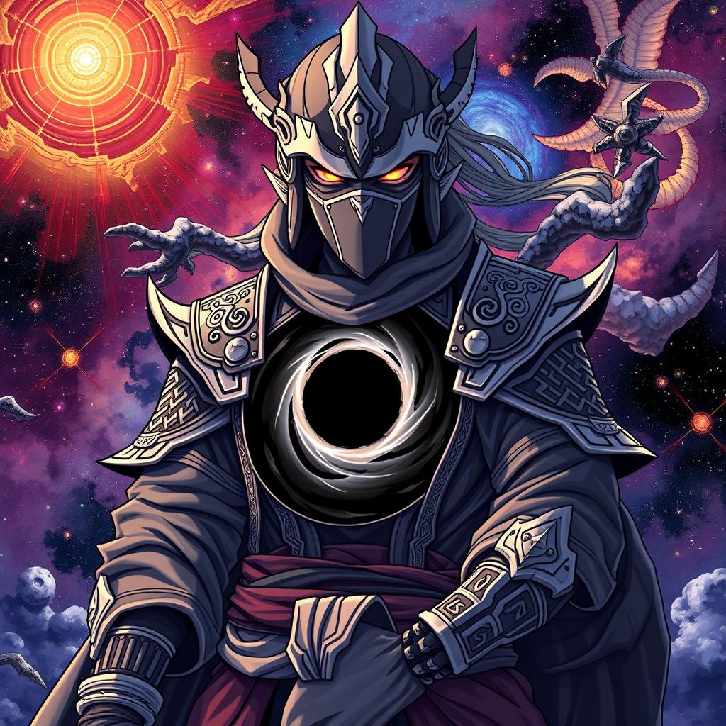 A detailed illustration of a ninja god with a black hole on his chest