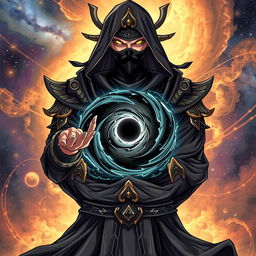 A detailed illustration of a ninja god with a black hole on his chest