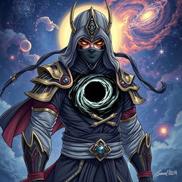 A detailed illustration of a ninja god with a black hole on his chest