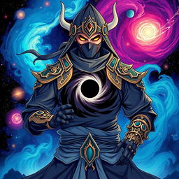 A detailed illustration of a ninja god with a black hole on his chest