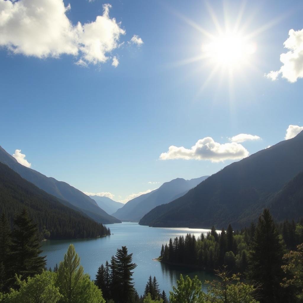 A beautiful landscape featuring a serene lake surrounded by lush green forests and majestic mountains in the background