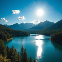 A beautiful landscape featuring a serene lake surrounded by lush green forests and majestic mountains in the background