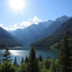 A beautiful landscape featuring a serene lake surrounded by lush green forests and majestic mountains in the background