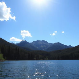 A beautiful landscape featuring a serene lake surrounded by lush green forests and majestic mountains in the background