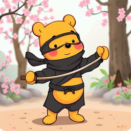 A whimsical illustration of Winnie the Pooh dressed as a ninja