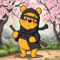 A whimsical illustration of Winnie the Pooh dressed as a ninja